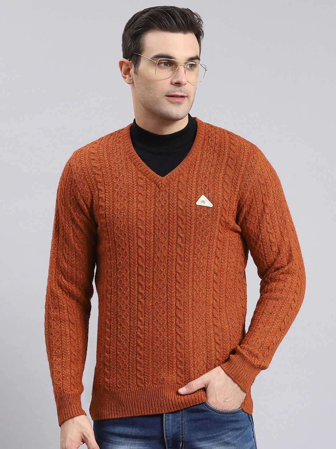 

Monte Carlo Cable Knit Woollen V-Neck Pullover Regular Sweaters, Brown