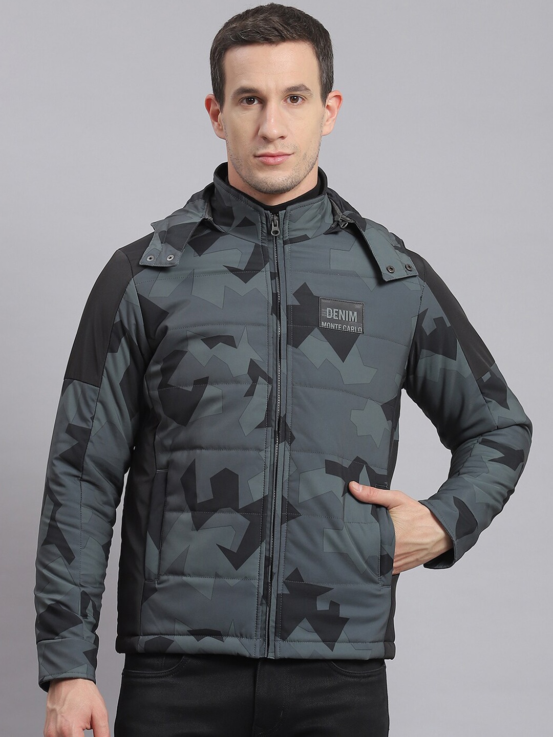 

Monte Carlo Camouflage Printed Hooded Lightweight Padded Jacket, Grey