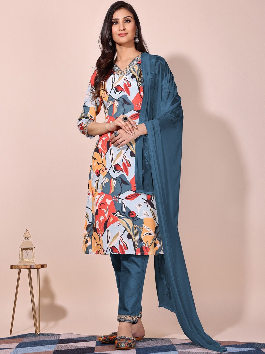 

KALINI Floral Printed Regular V-Neck Straight Kurta with Trousers & Dupatta, White