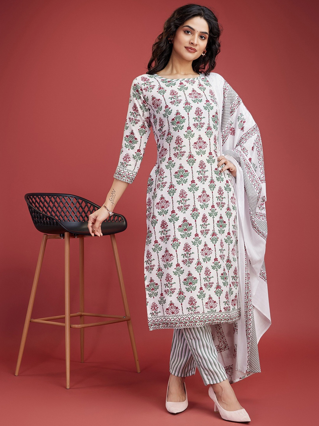 

KALINI Floral Printed Regular Kurta with Trousers & Dupatta, White