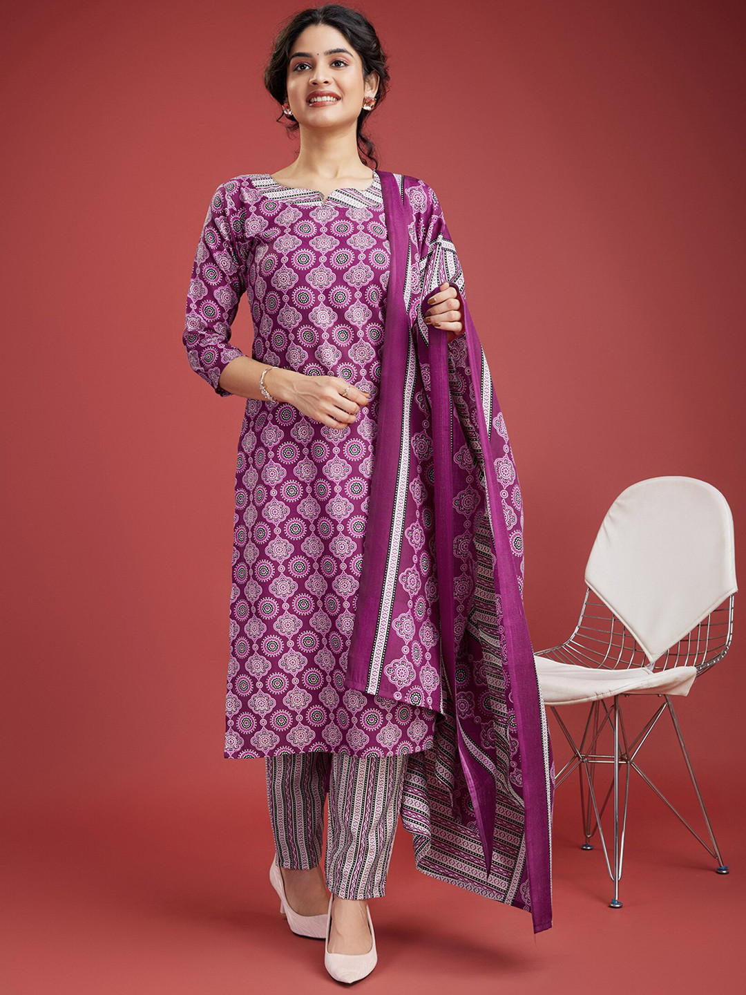 

KALINI Ethnic Motifs Printed Regular Kurta with Trousers & With Dupatta, Pink