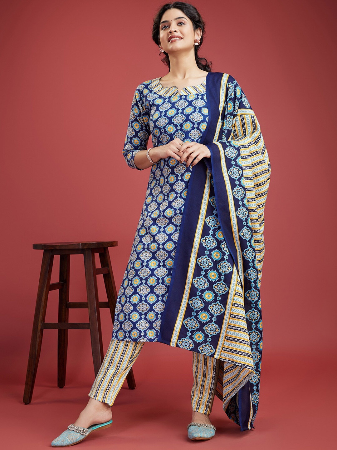 

KALINI Ethnic Motifs Printed Regular Kurta With Trousers & Dupatta, Blue