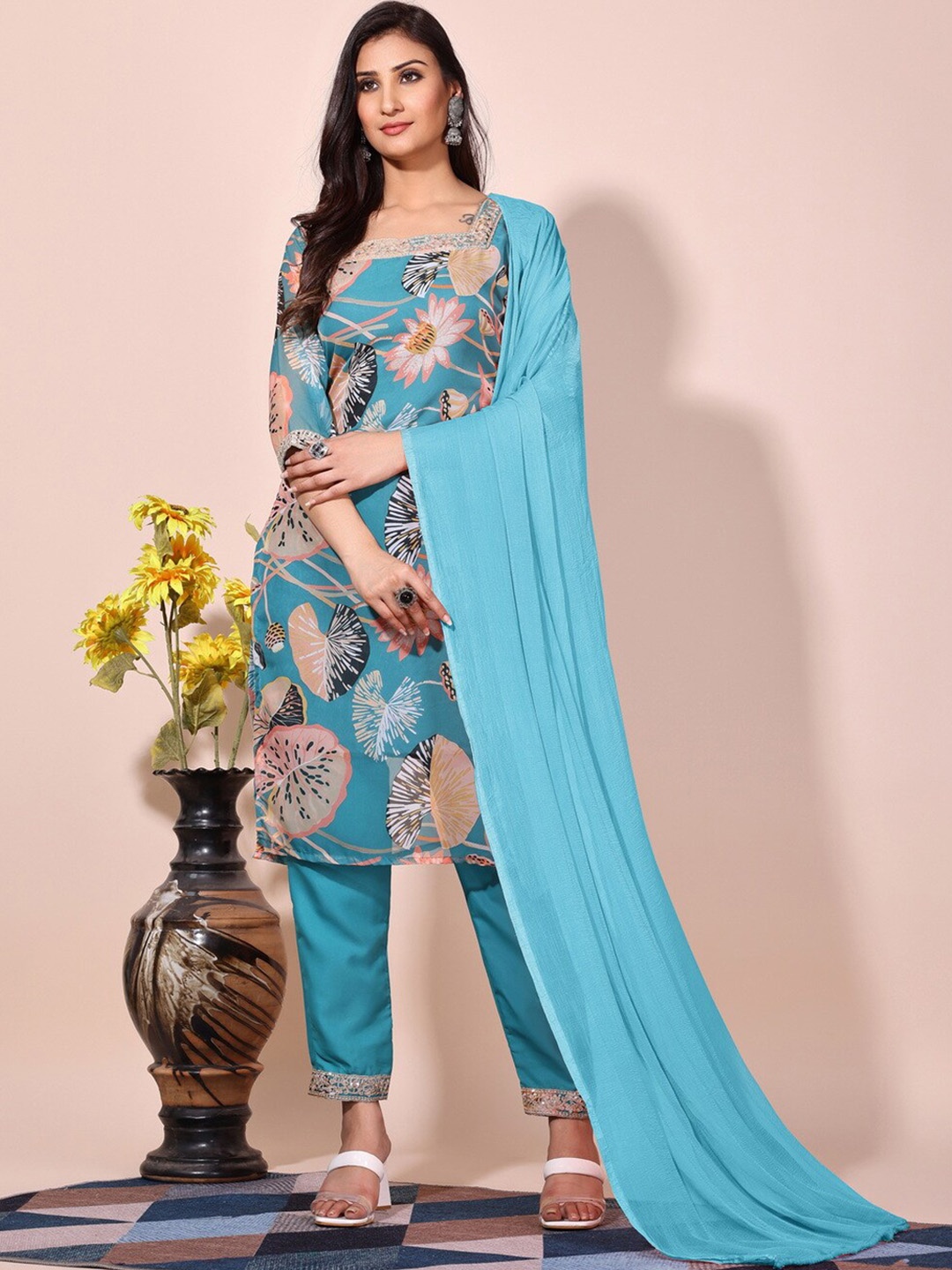 

KALINI Floral Printed Kurta With Trousers & Dupatta, Blue
