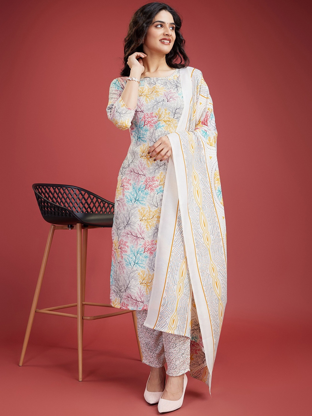 

KALINI Floral Printed Regular Kurta with Trousers & Dupatta, White