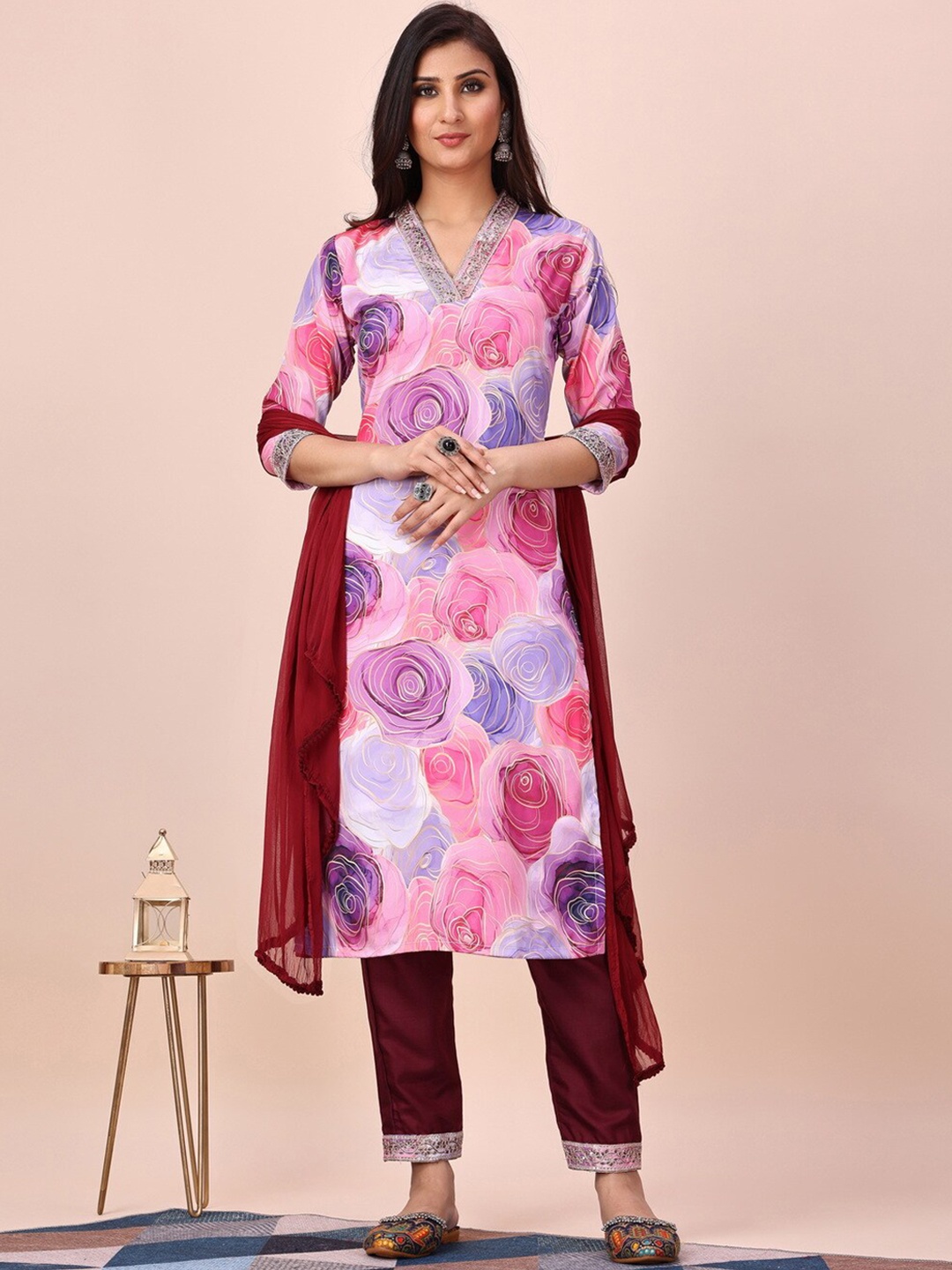 

KALINI Floral Printed Regular Thread Work Kurta With Trousers & Dupatta, Pink