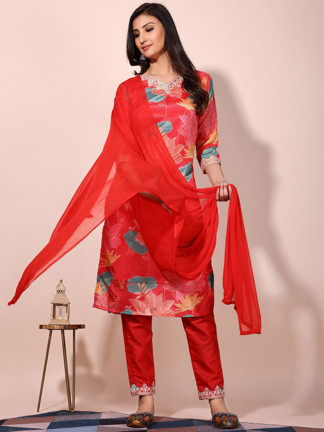 

KALINI Floral Printed V-Neck Regular Kurta With Trousers & Dupatta, Red