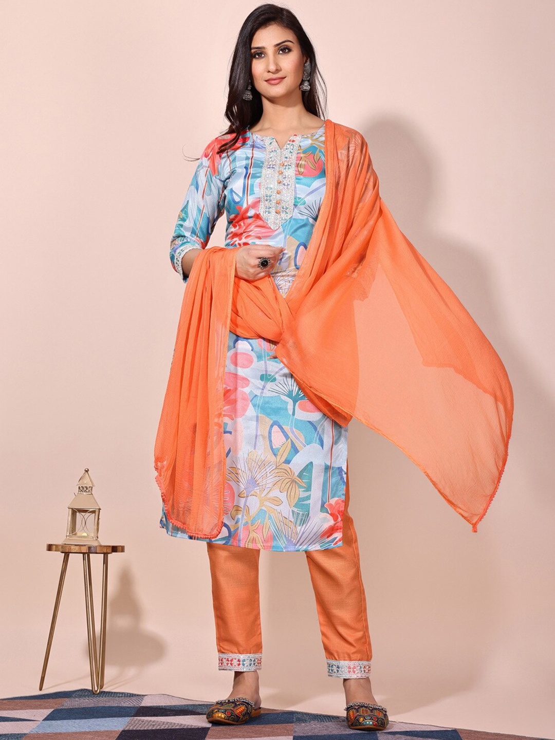 

KALINI Floral Printed Regular Kurta with Trousers & Dupatta, Blue