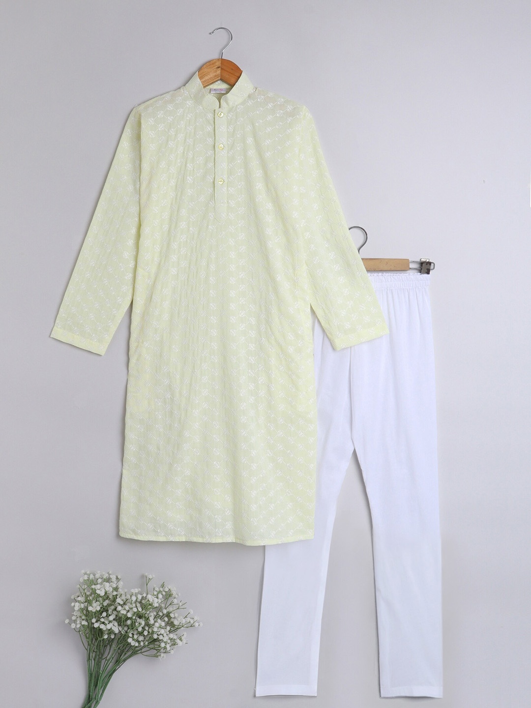 

BAESD Boys Floral Embroidered Regular Chikankari Pure Cotton Kurta with Churidar, Yellow
