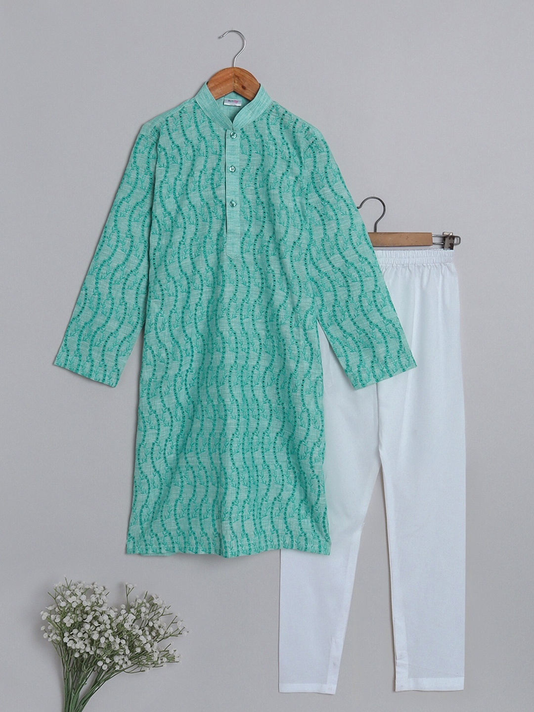 

BAESD Boys Embroidered Regular Pure Cotton Kurta With Churidar, Green