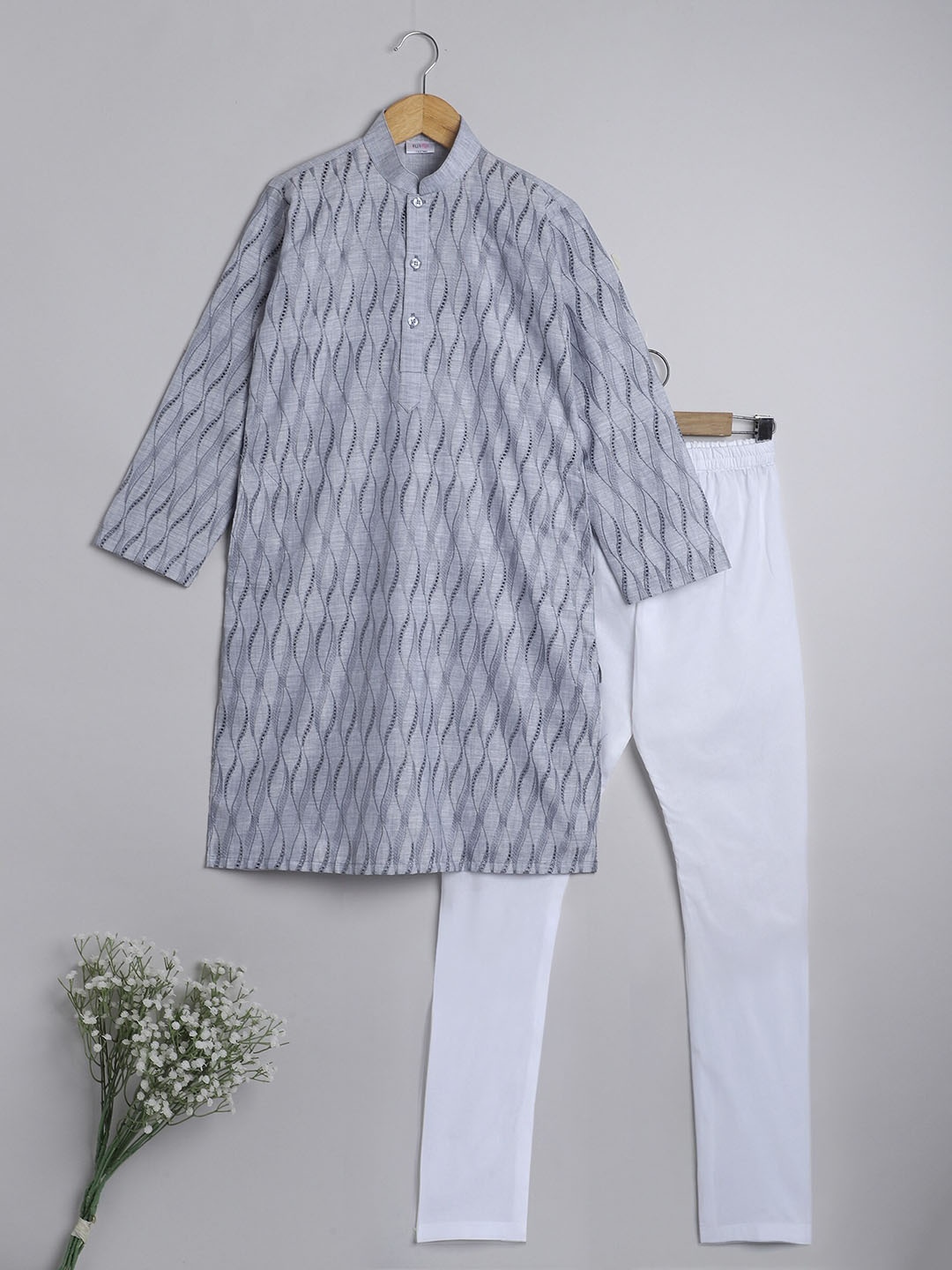 

BAESD Boys Embroidered Regular Pure Cotton Kurta With Churidar, Grey
