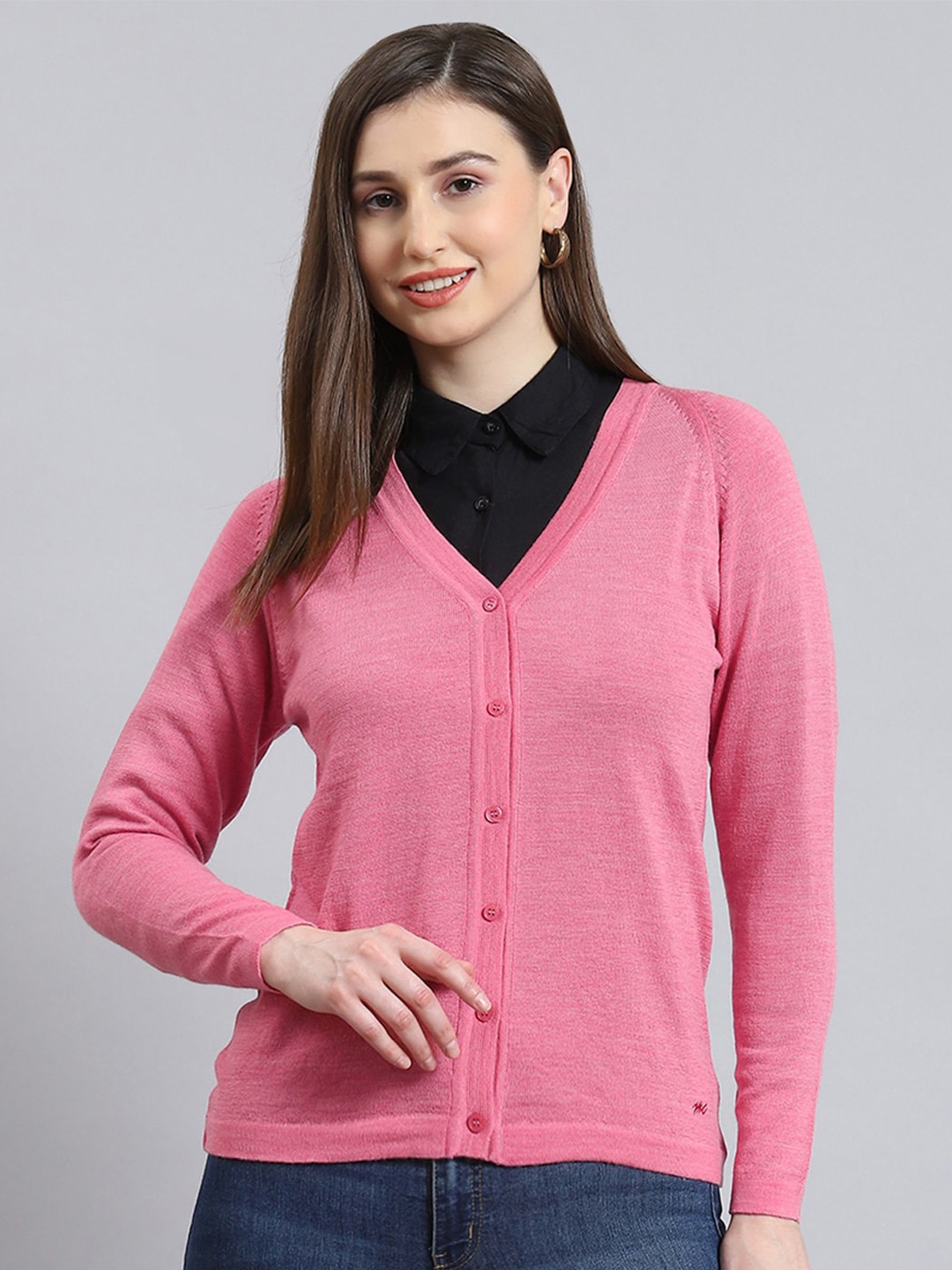 

Monte Carlo Cardigan V-Neck Full Sleeves Woolen Straight Sweaters, Pink