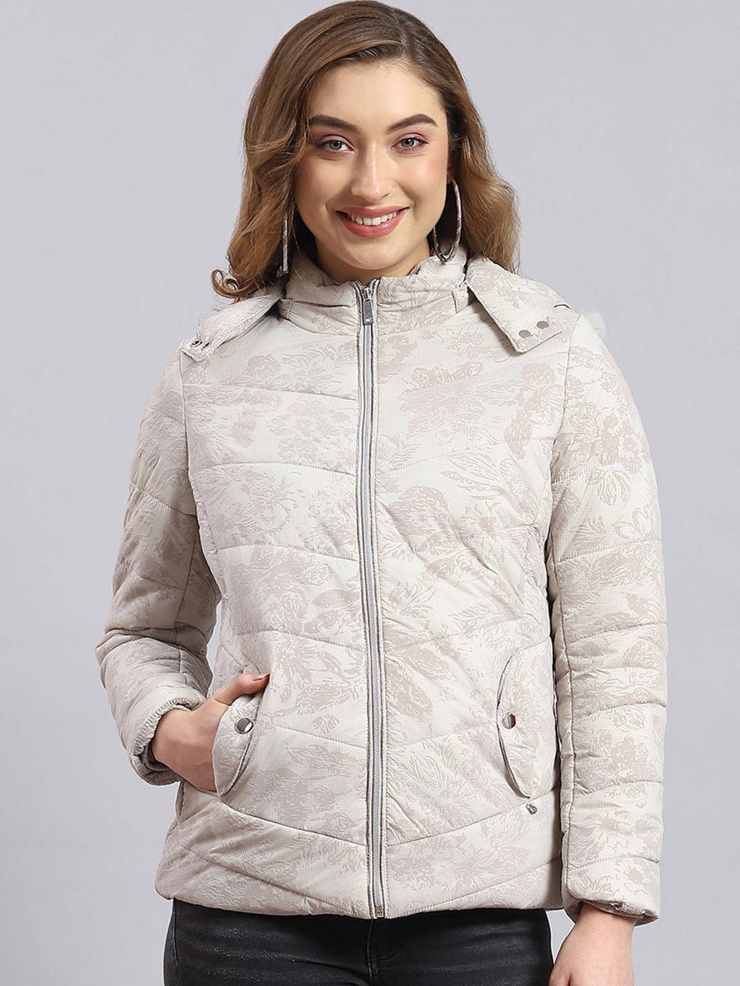 

Monte Carlo Floral Printed Hooded Lightweight Puffer Jacket, Beige