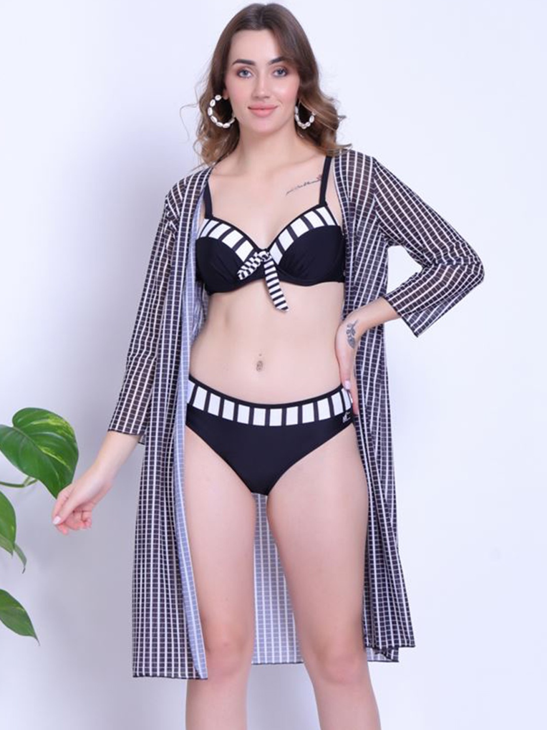 

FXM Self-Designed Swim Bikini Set With Coverup Dress, Black