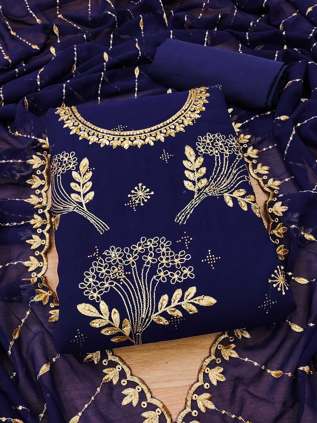 

Panzora Floral Embroidered Beads & Stones Unstitched Dress Material, Blue