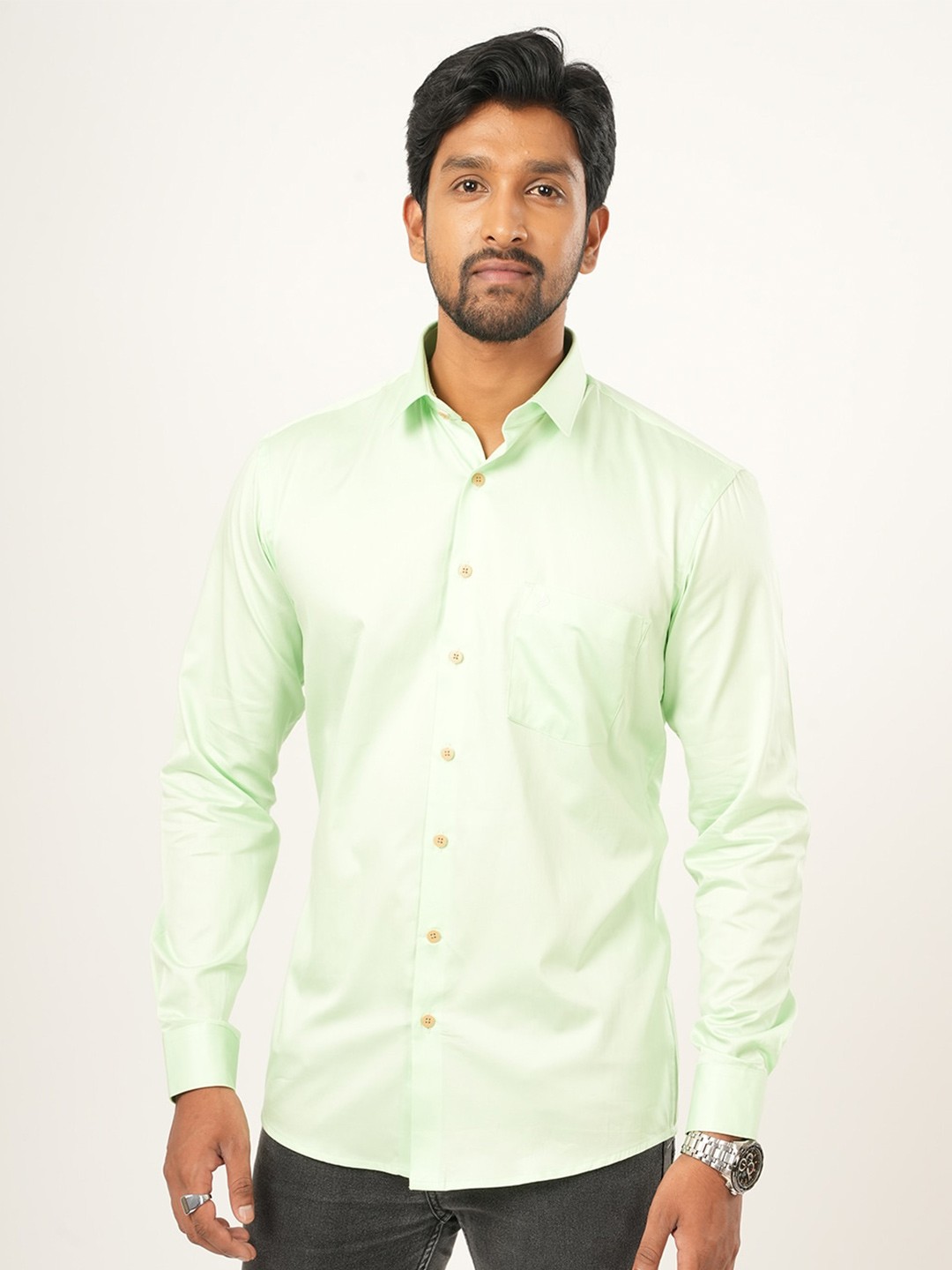 

ALAYA Standard Slim Fit Spread Collar Cotton Casual Shirt, Green