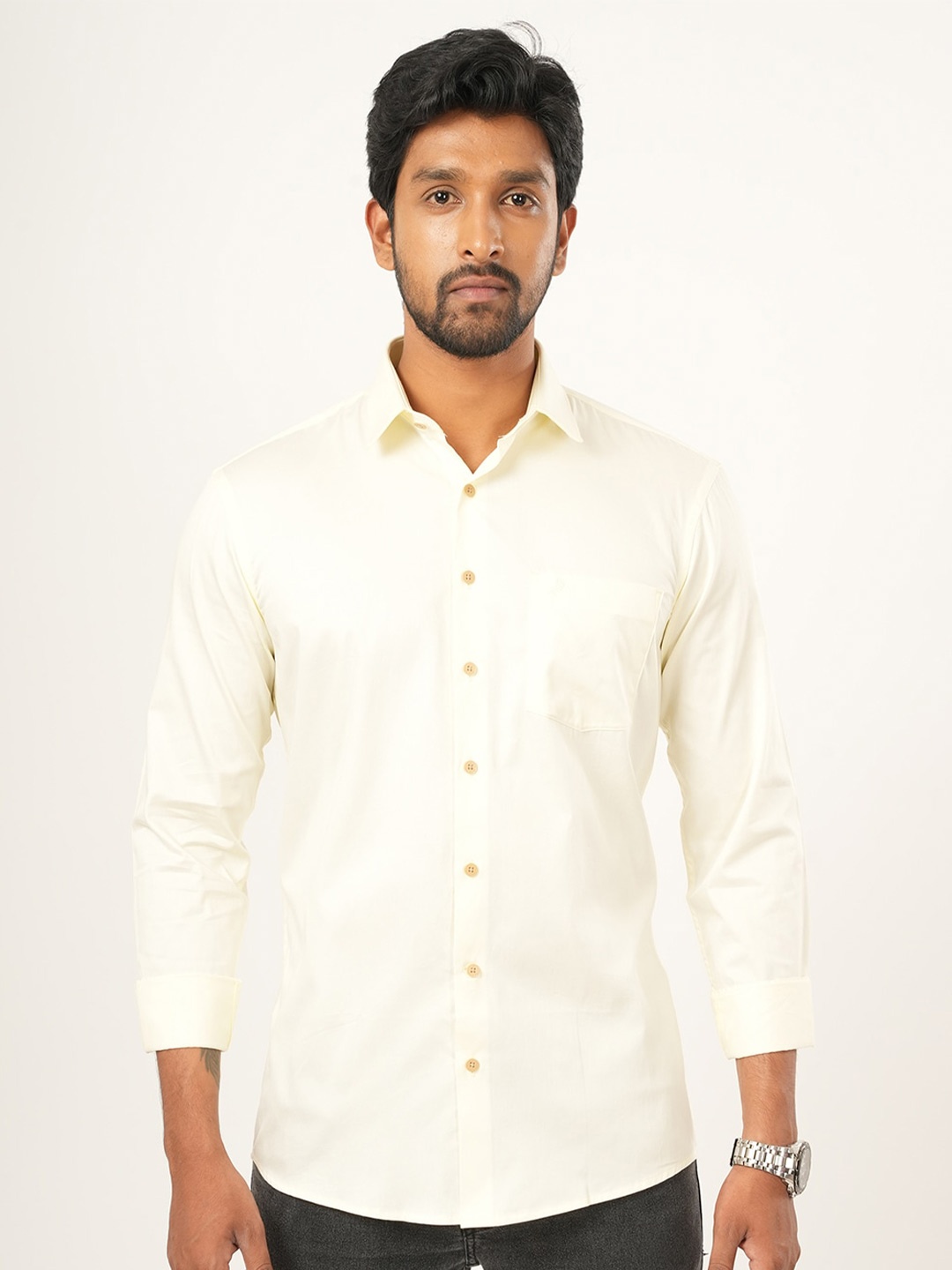 

ALAYA Standard Slim Fit Spread Collar Cotton Casual Shirt, Cream