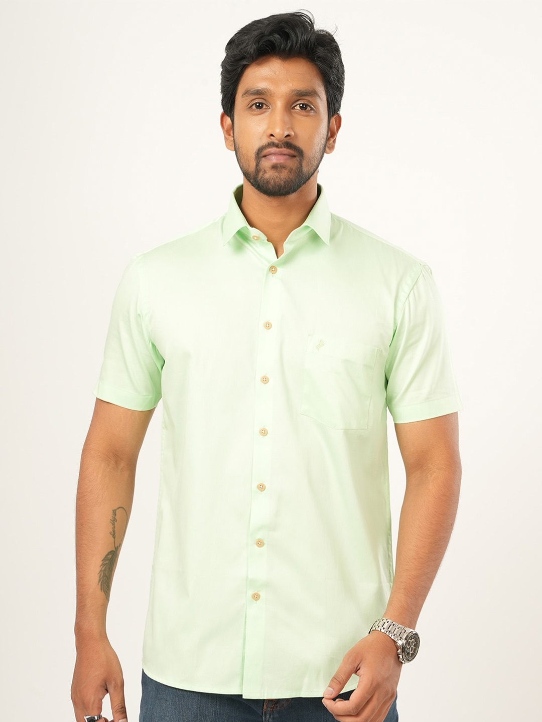 

ALAYA Standard Slim Fit Spread Collar Cotton Casual Shirt, Green