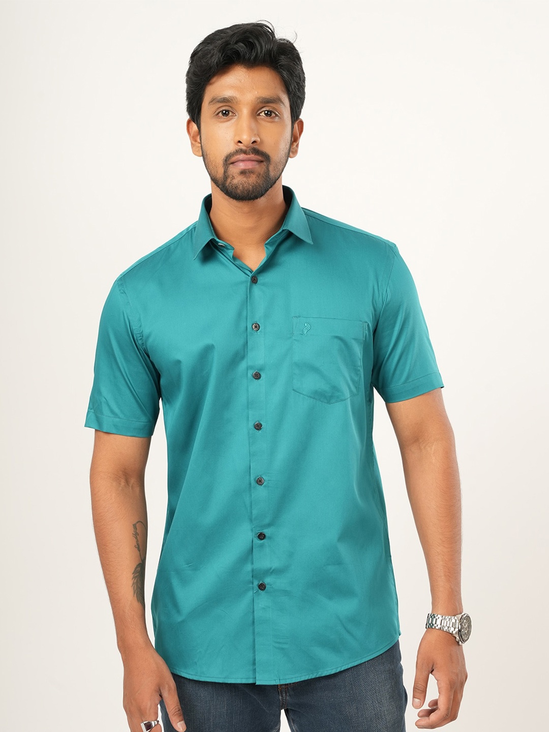 

ALAYA Standard Slim Fit Spread Collar Cotton Casual Shirt, Teal