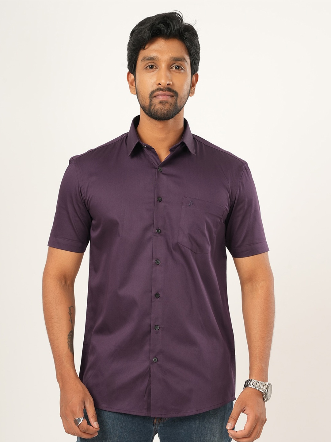 

ALAYA Standard Slim Fit Spread Collar Cotton Casual Shirt, Purple