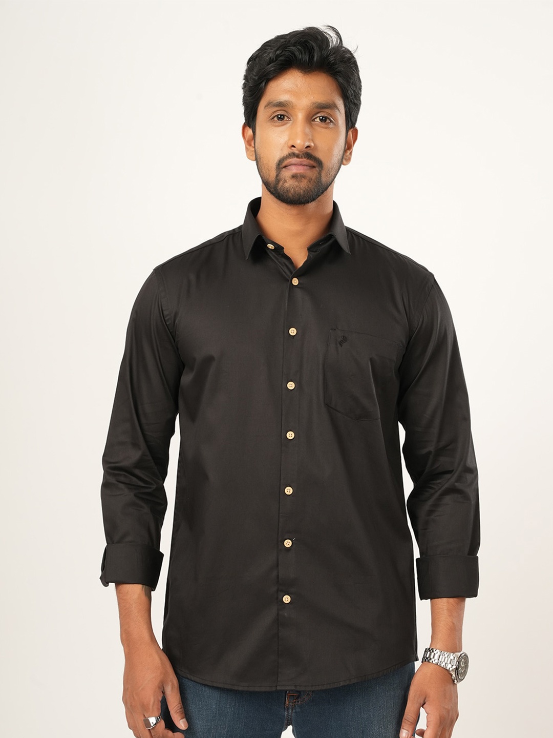 

ALAYA Standard Slim Fit Spread Collar Cotton Casual Shirt, Black