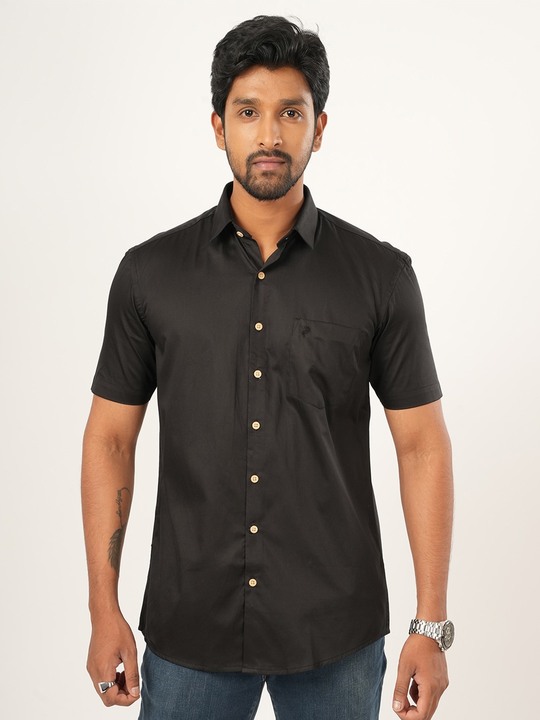 

ALAYA Standard Slim Fit Spread Collar Cotton Casual Shirt, Black