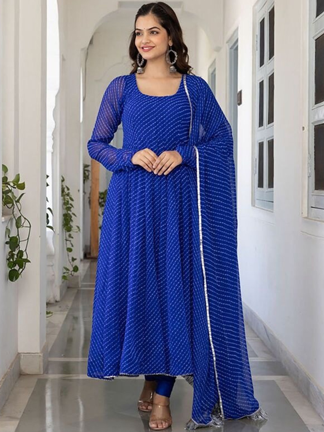 

KALINI Leheriya Printed Anarkali Kurta With Dupatta, Blue