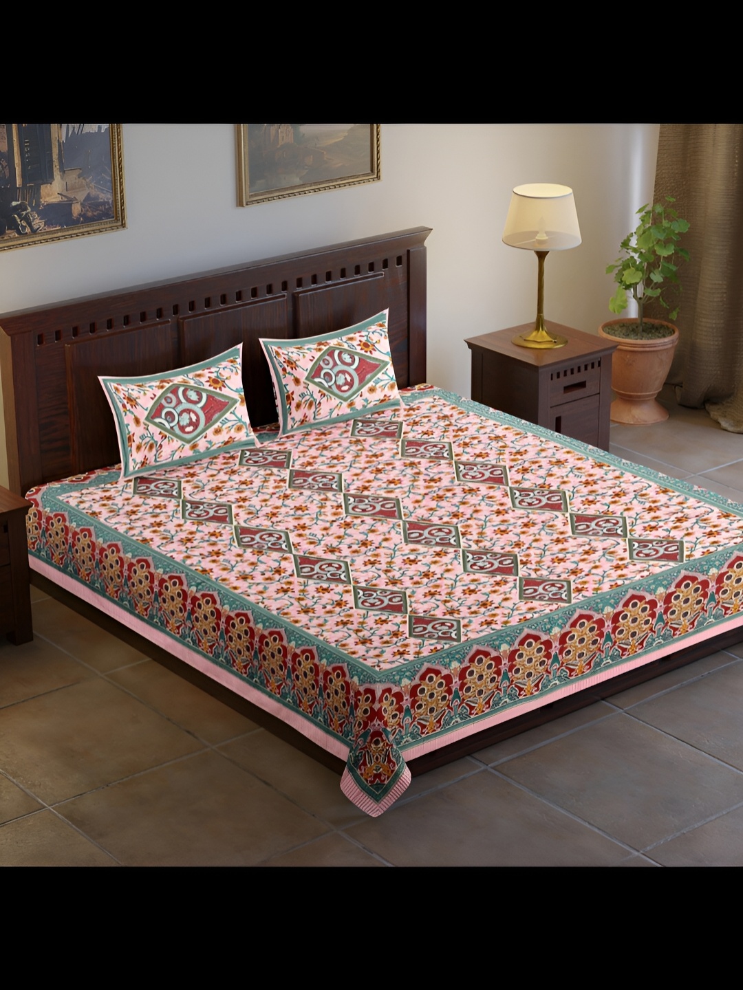 

UBANIA COLLECTION Pink & Green 120 TC King Bedsheet with 2 Pillow Covers