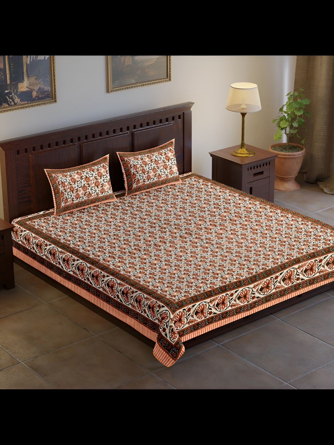 

UBANIA COLLECTION Orange & Brown Printed Cotton 120 TC King Bedsheet With 2 Pillow Covers