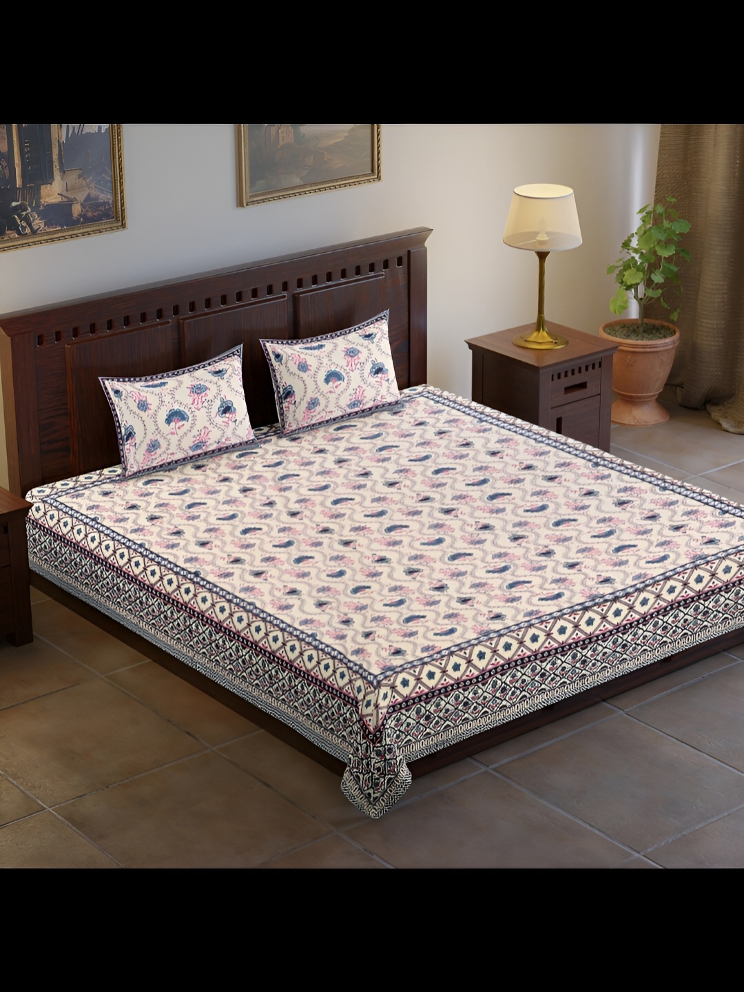 

UBANIA COLLECTION Blue & Beige Printed Cotton 120 TC King Bedsheet With 2 Pillow Covers