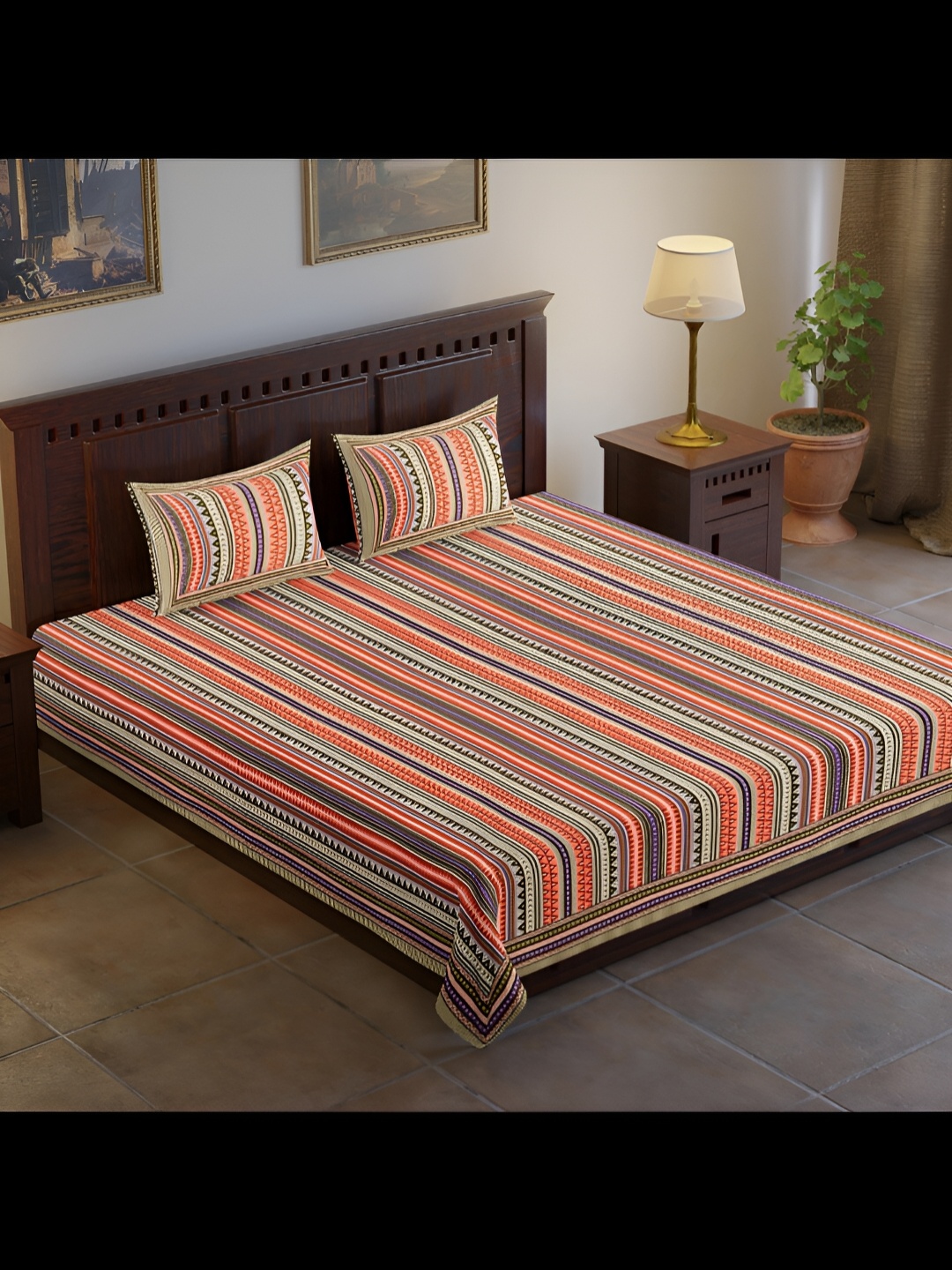 

UBANIA COLLECTION Purple & Orange 120 TC King Bedsheet with 2 Pillow Covers