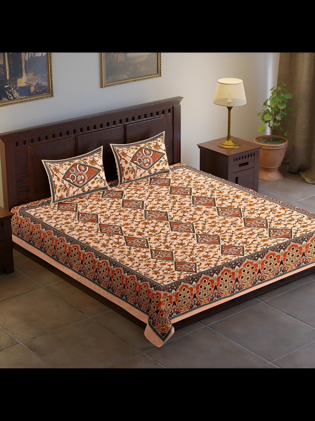 

UBANIA COLLECTION Orange & Brown Printed Cotton 120 TC King Bedsheet With 2 Pillow Covers