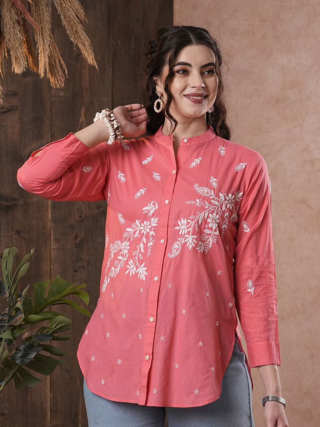 

ADA Ethnic Motifs Embroidered Mandarin Collar Pure Cotton Kurti, Pink