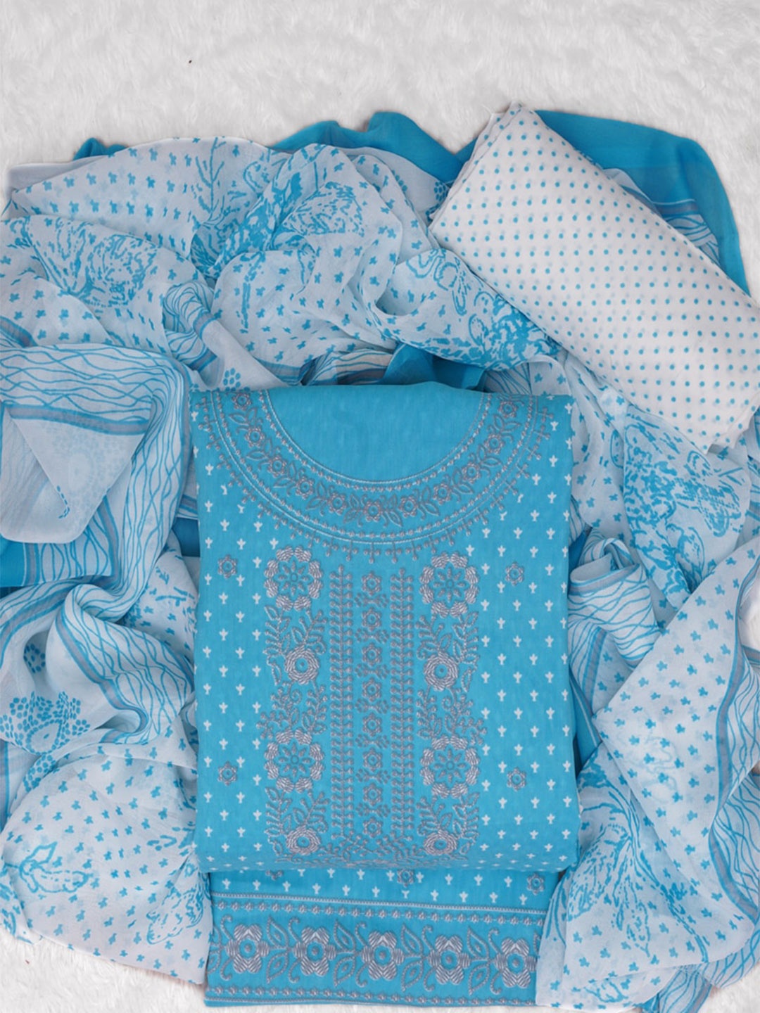 

ASISA Floral Printed Silk Crepe Unstitched Dress Material, Turquoise blue
