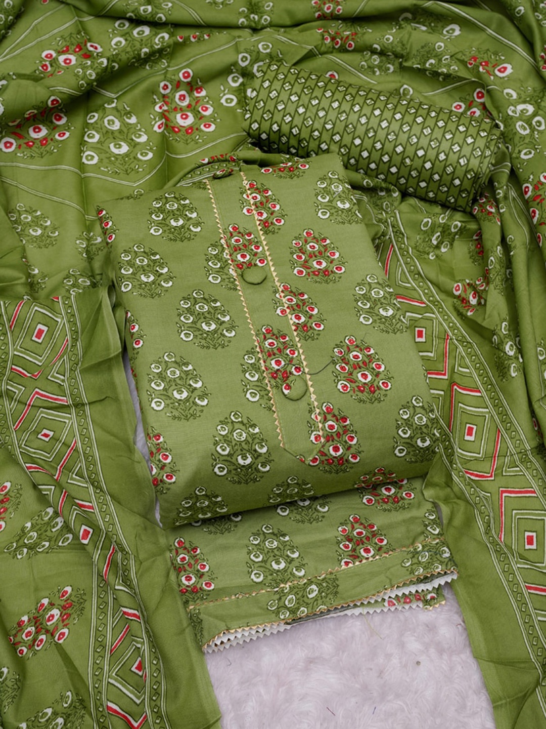 

ASISA Ethnic Motifs Printed Gotta Patti Detailed Cotton Silk Unstitched Dress Material, Green