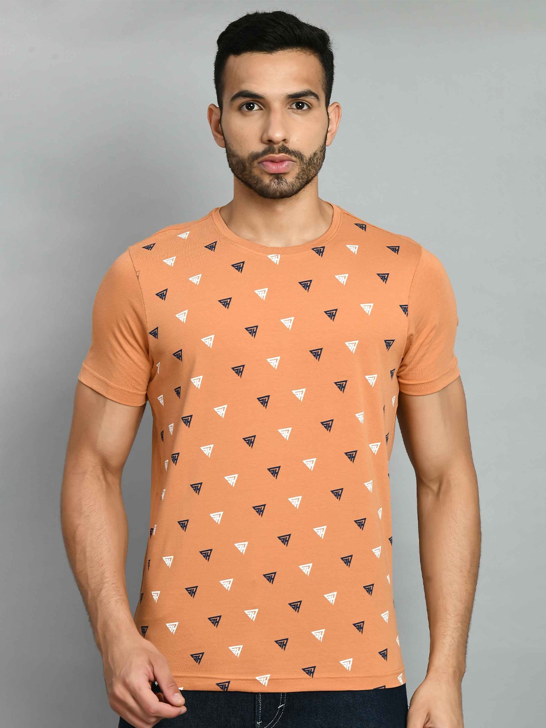 

SQUIREHOOD Geometric Printed Round Neck Pique Cotton Casual T-shirt, Orange