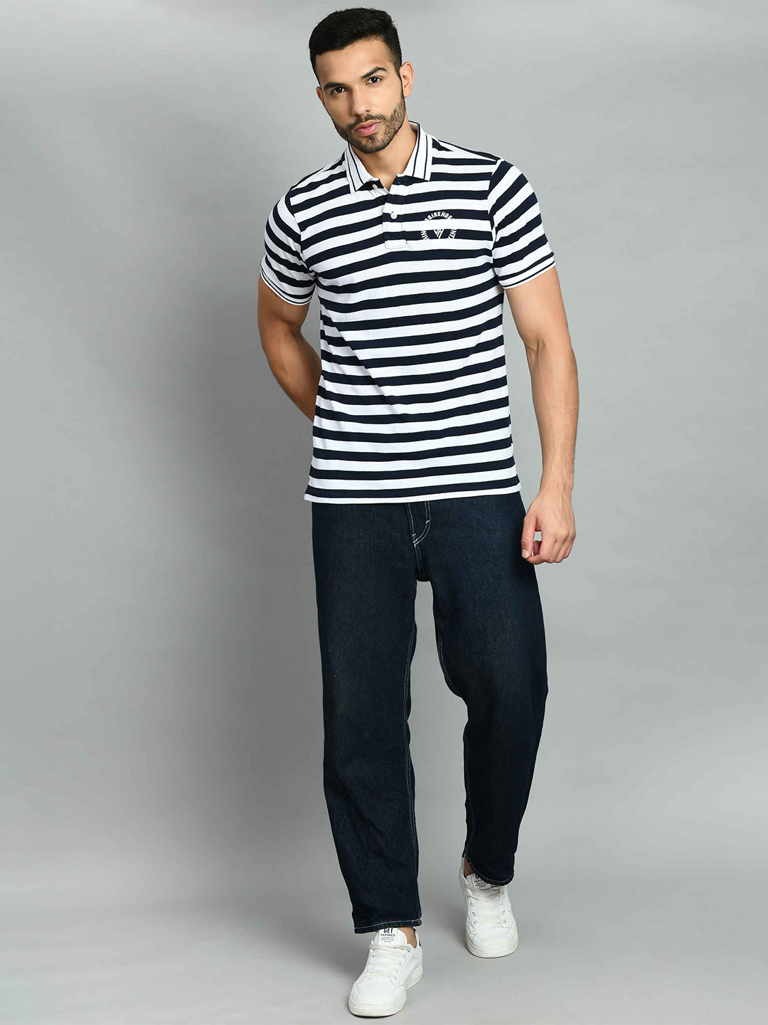 

SQUIREHOOD Striped Printed Polo Collar Pique Cotton Casual T-shirt, White