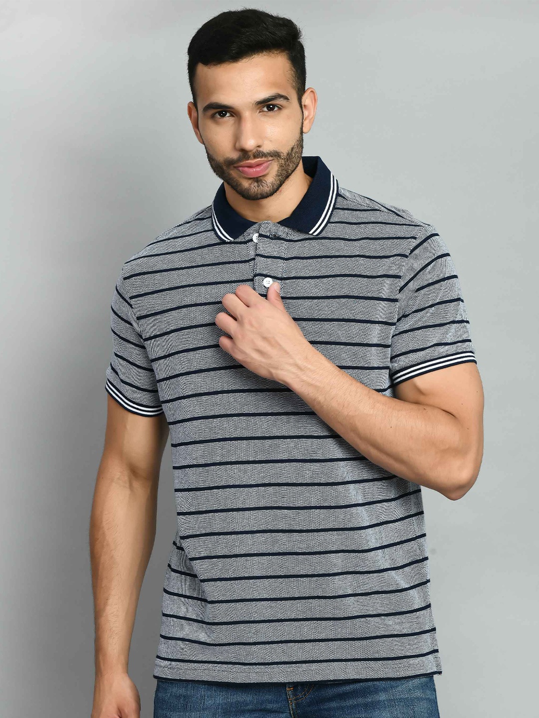 

SQUIREHOOD Striped Polo Collar Pique Cotton Casual T-shirt, Navy blue