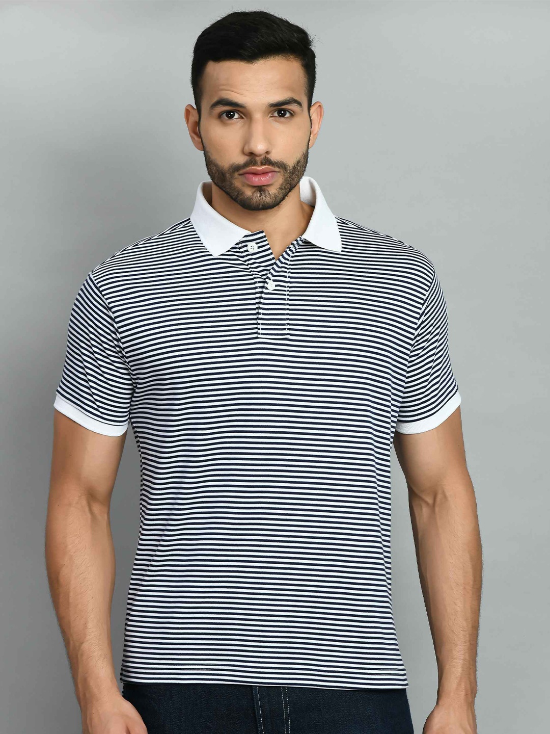 

SQUIREHOOD Striped Polo Collar Pique Cotton Casual T-shirt, White