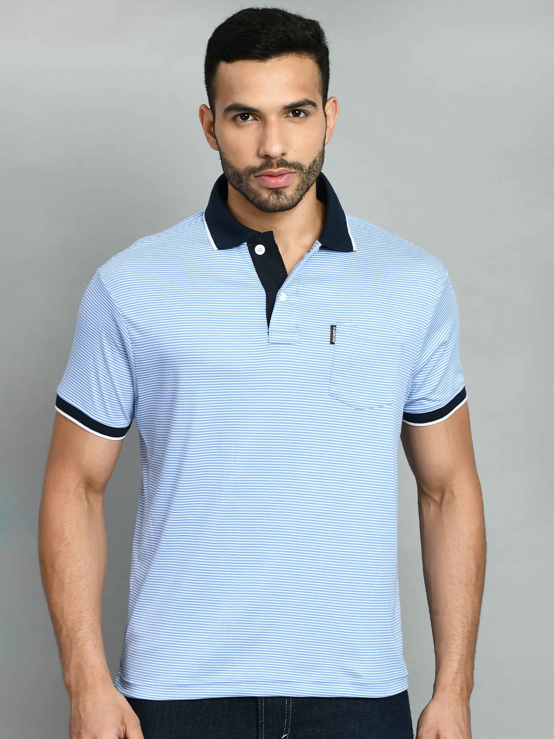 

SQUIREHOOD Striped Printed Polo Collar Pique Cotton Casual T-shirt, White