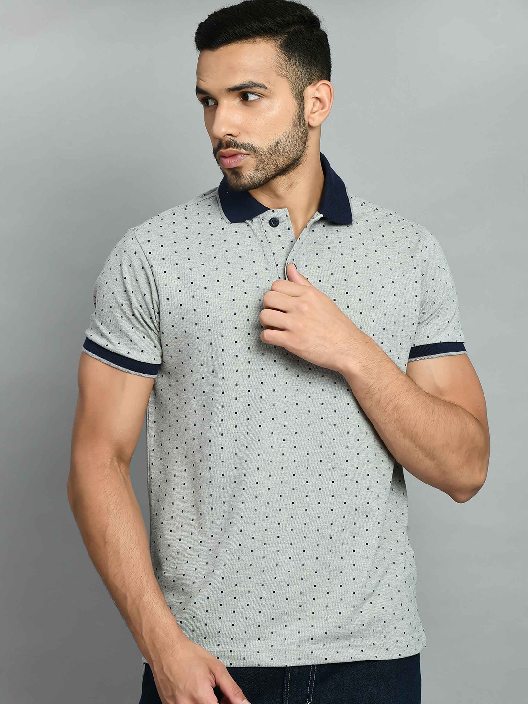 

SQUIREHOOD Printed Polo Collar Cotton Pique Casual T-shirt, Grey