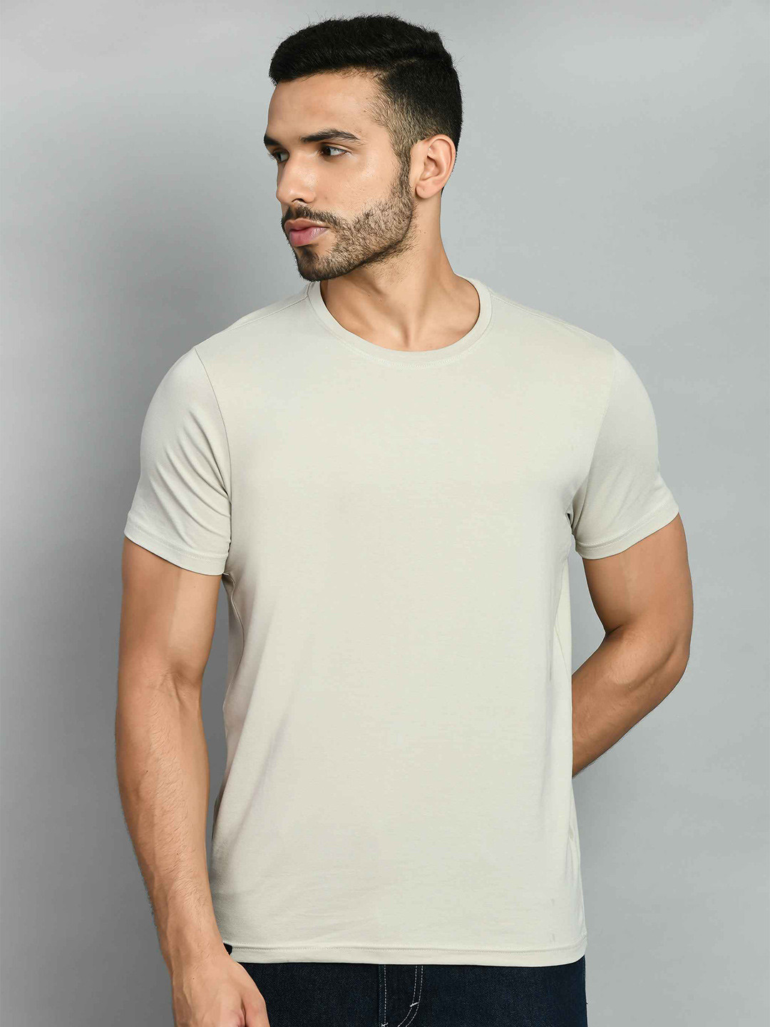 

SQUIREHOOD Round Neck Pique Cotton Casual T-shirt, Beige