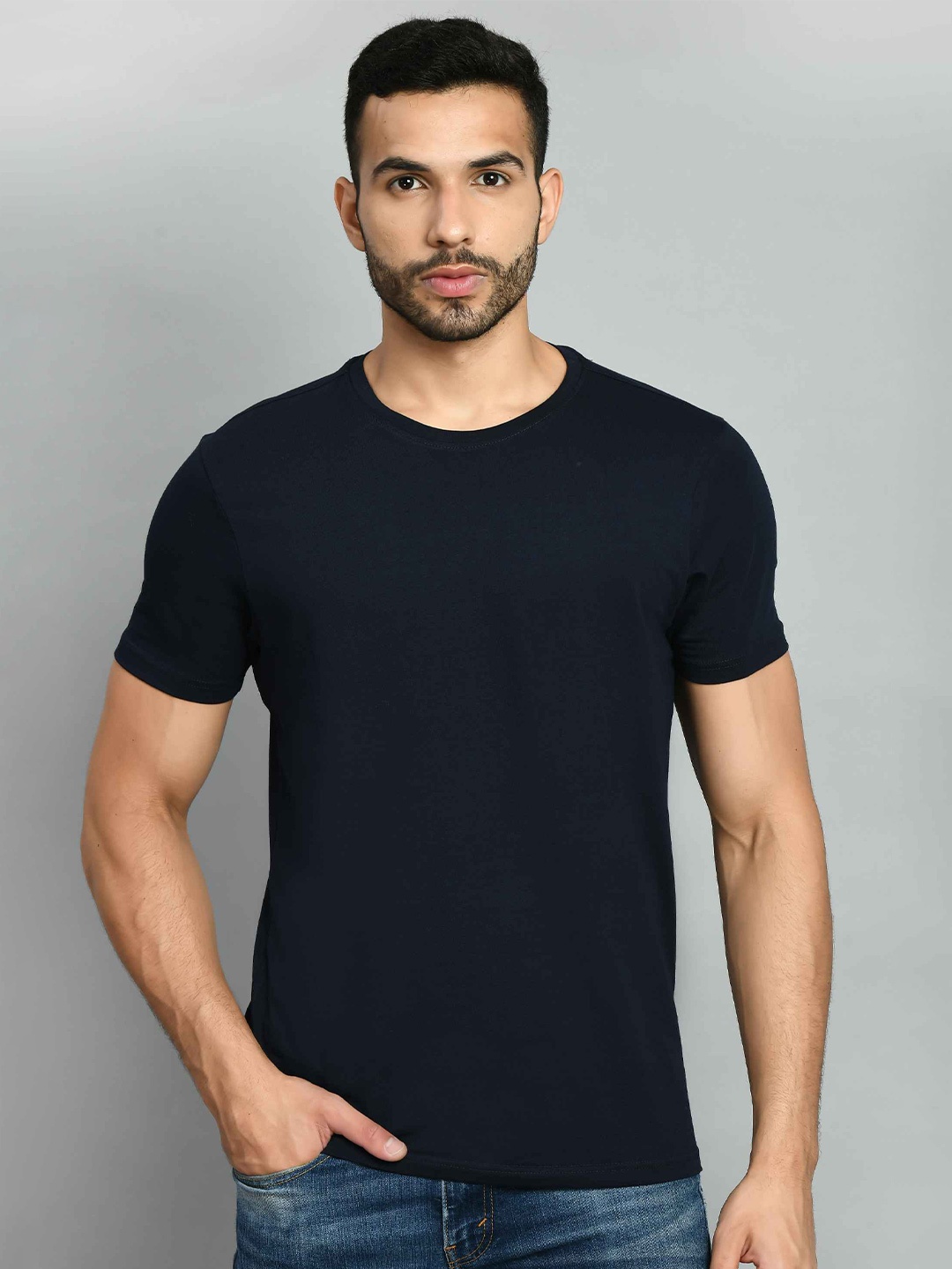 

SQUIREHOOD Round Neck Pique Cotton Casual T-shirt, Navy blue