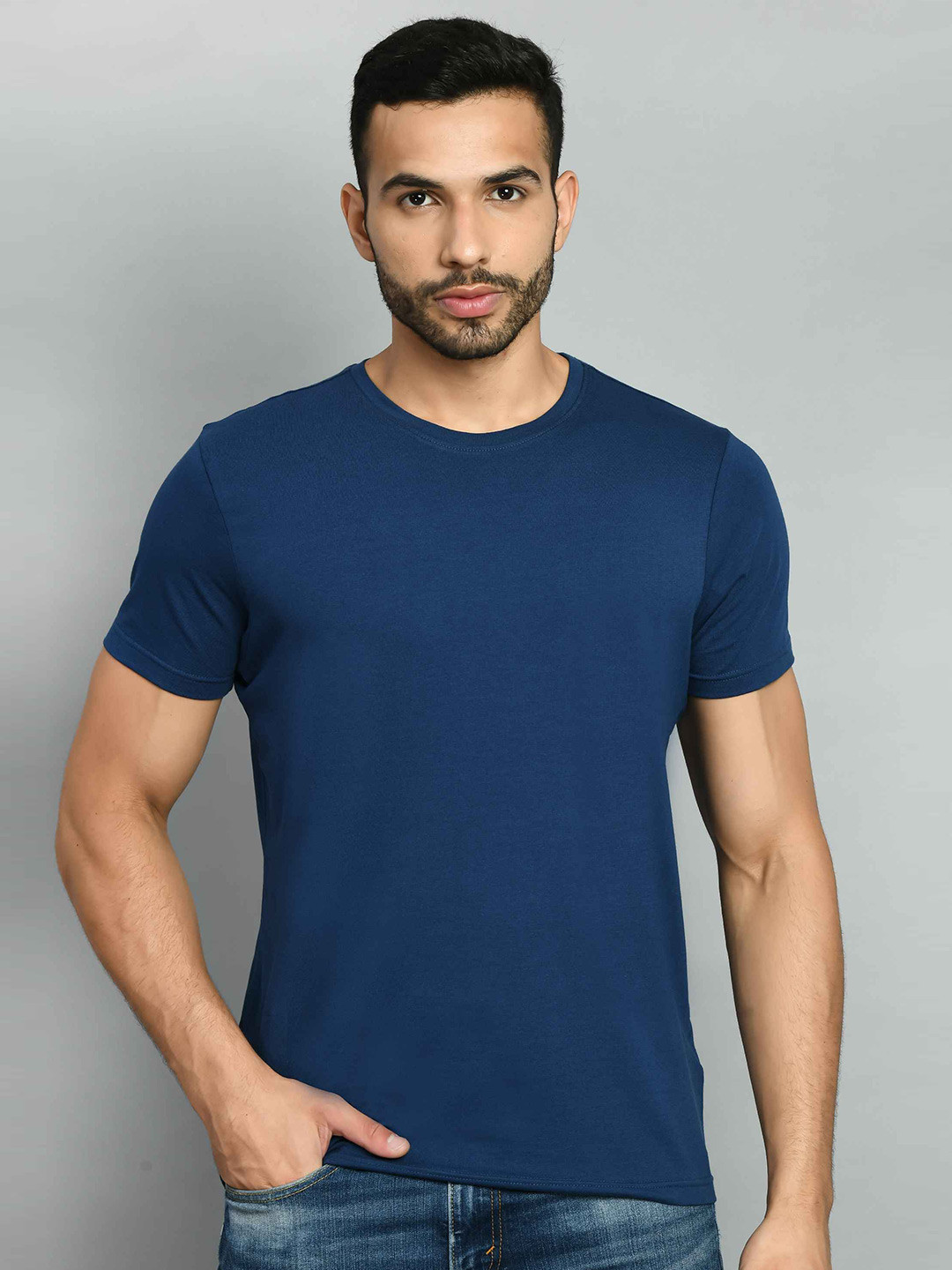 

SQUIREHOOD Round Neck Pique Cotton Casual T-shirt, Blue
