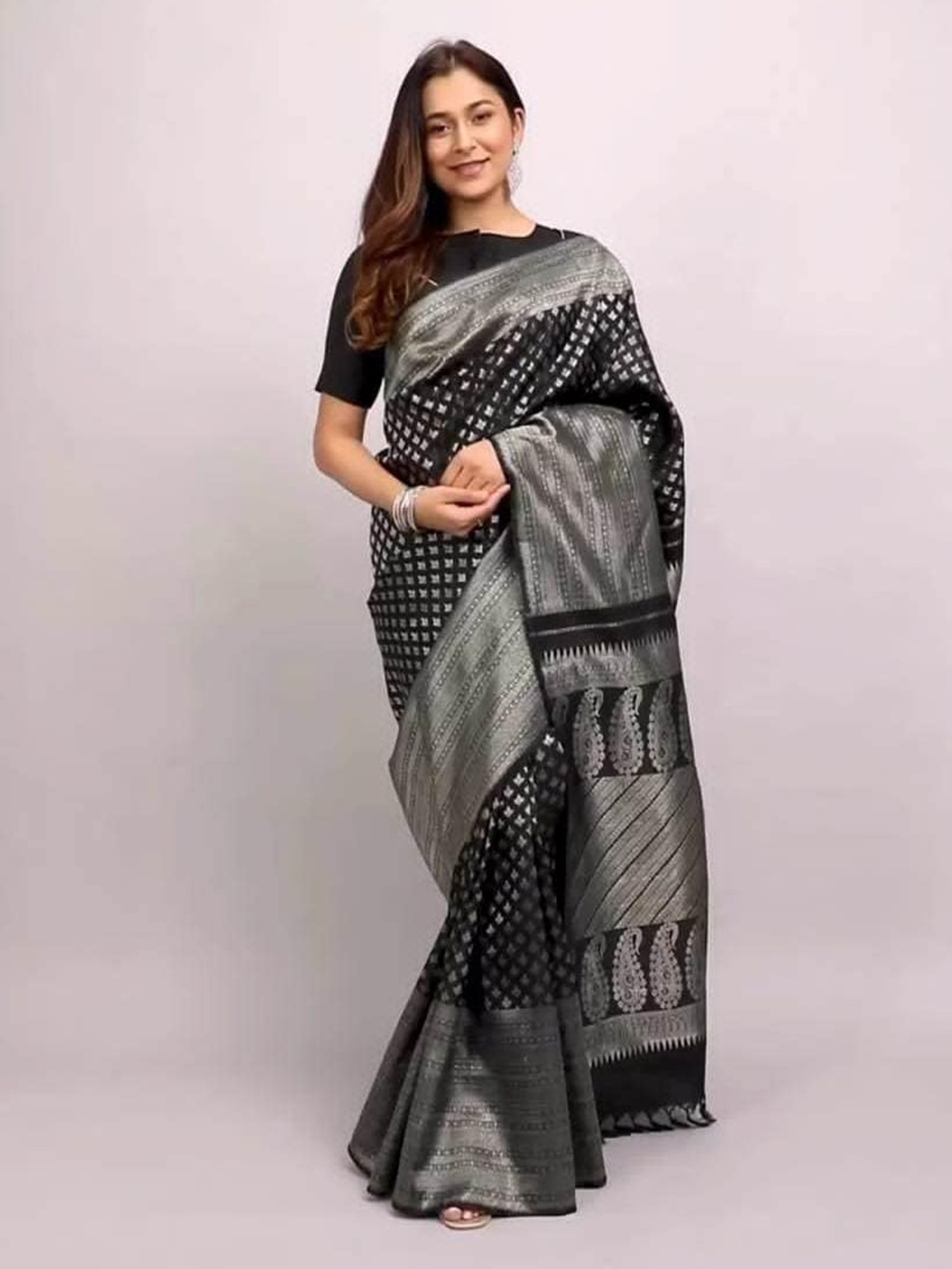 

Mitera Black & Grey Ethnic Motifs Woven Design Zari Art Silk Saree
