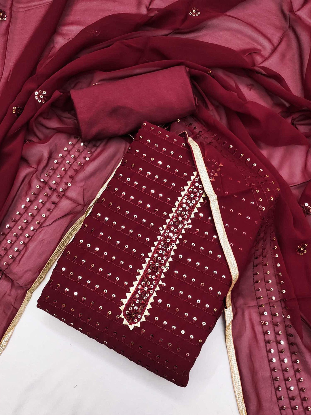

Panzora Geometric Embroidered Unstitched Dress Material, Maroon