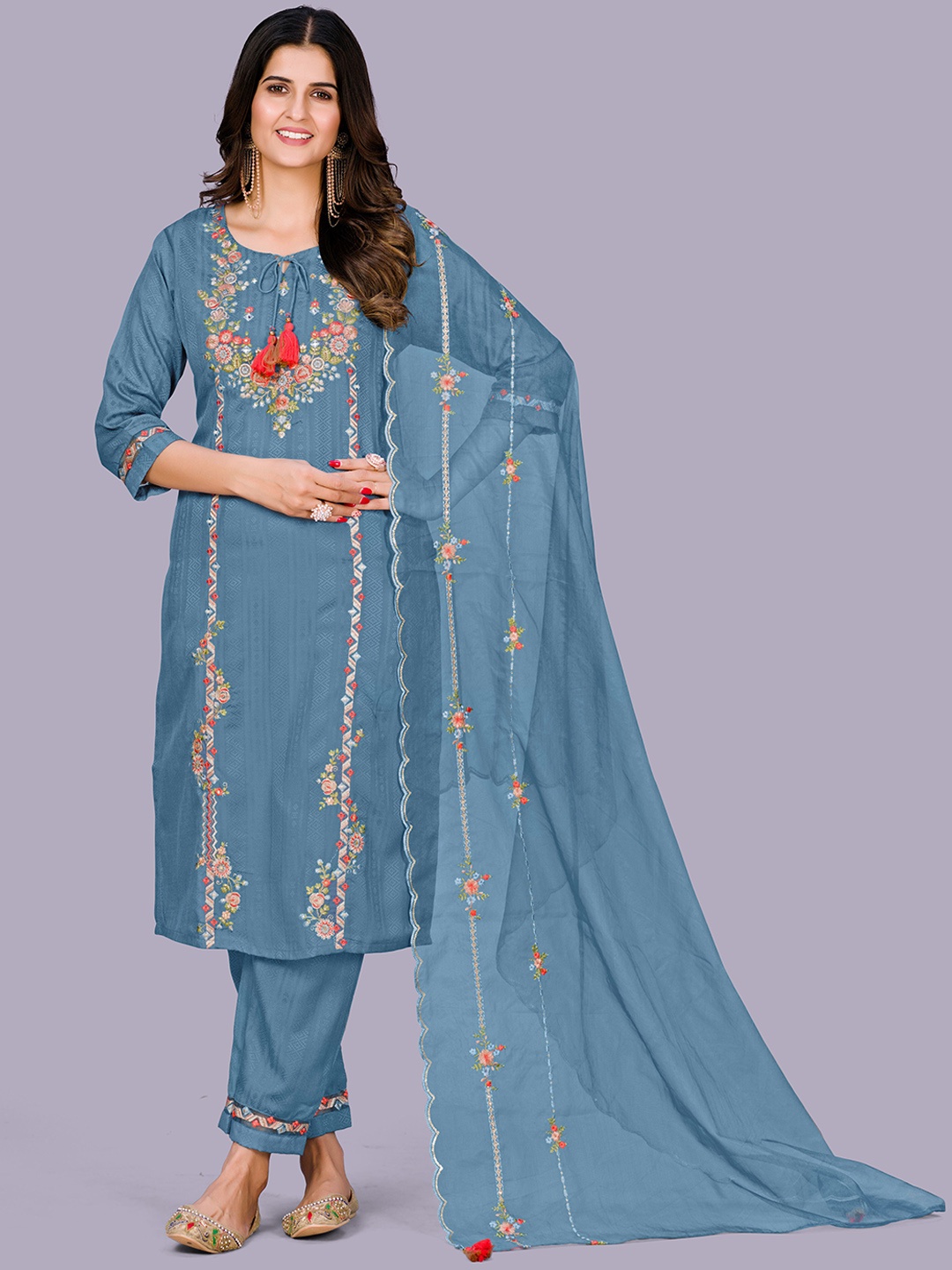 

NIZA FASHION Ethnic Motifs Embroidered Thread Work Kurta With Trouser & Dupatta, Turquoise blue