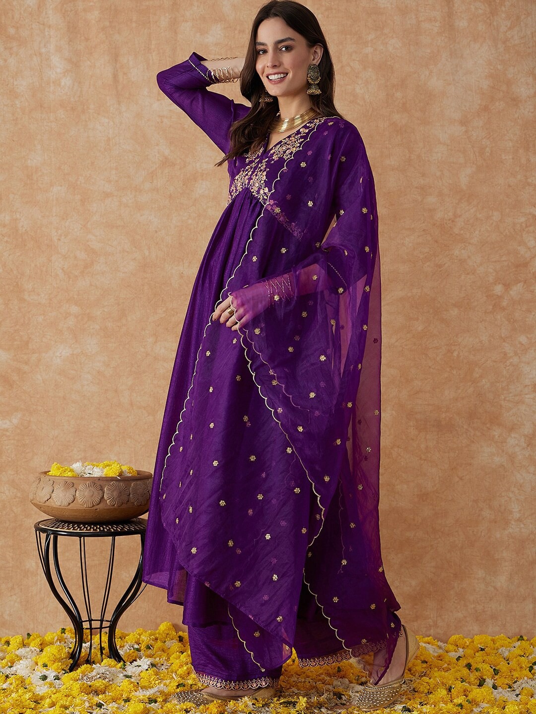 

NIZA FASHION Floral Embroidered Anarkali Kurta with Trousers & With Dupatta, Purple