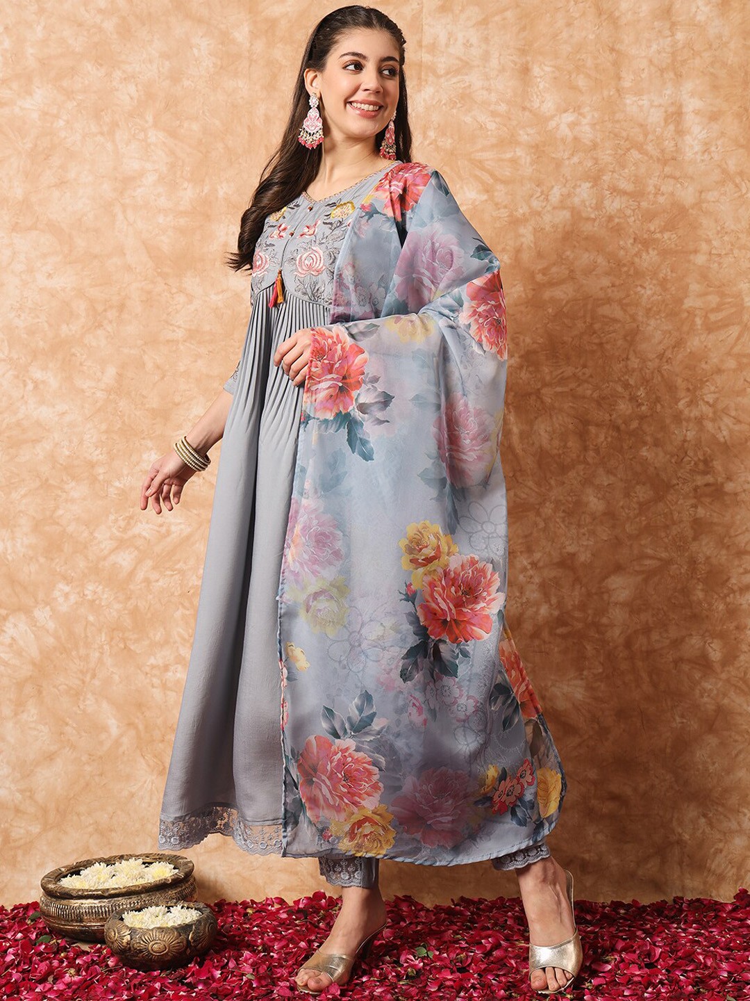

NIZA FASHION Floral Embroidered Pleated Thread Work Kurta with Trousers & Dupatta, Grey