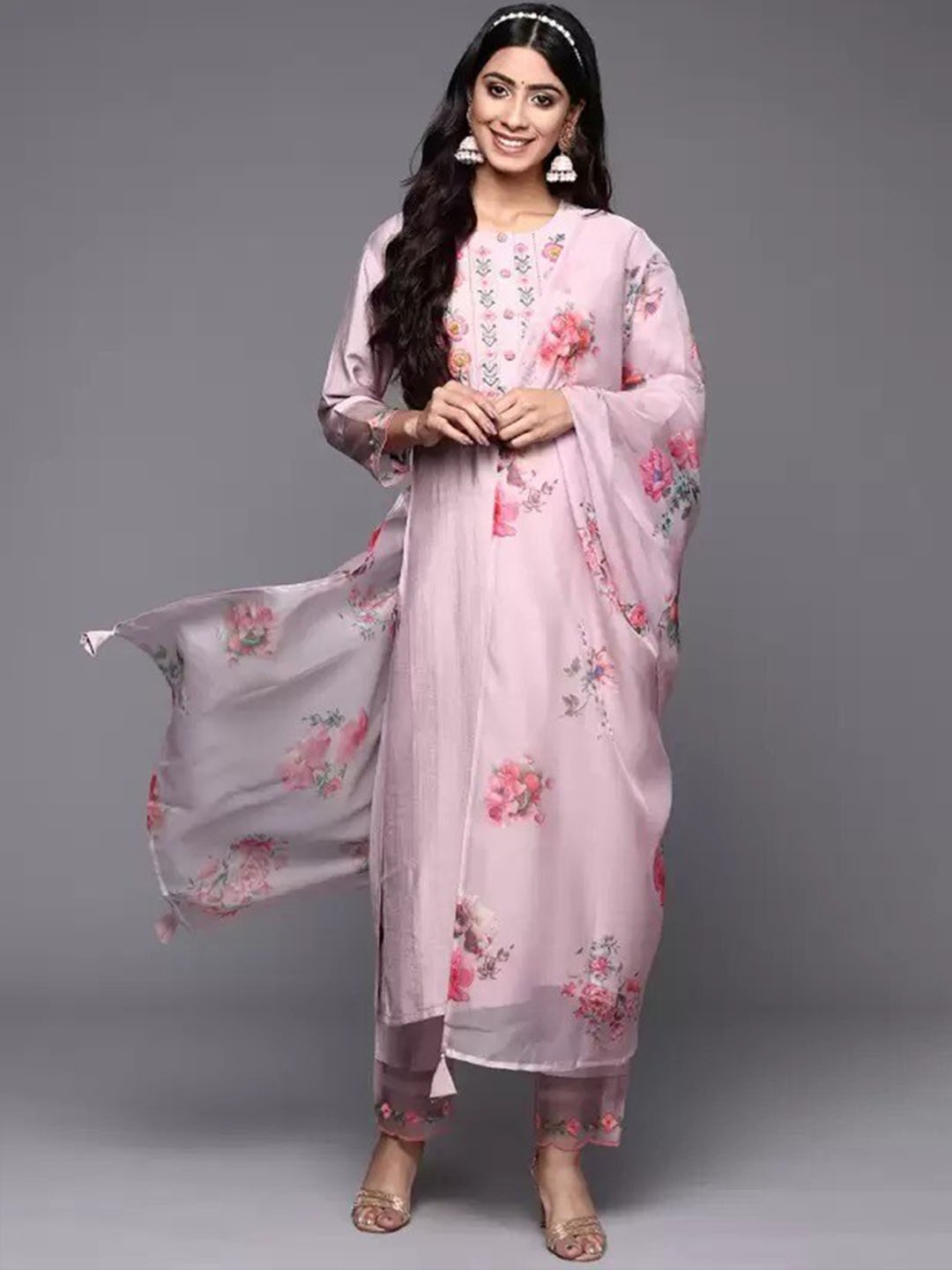 

NIZA FASHION Floral Embroidered Regular Thread Work Kurta with Trousers & Dupatta, Pink