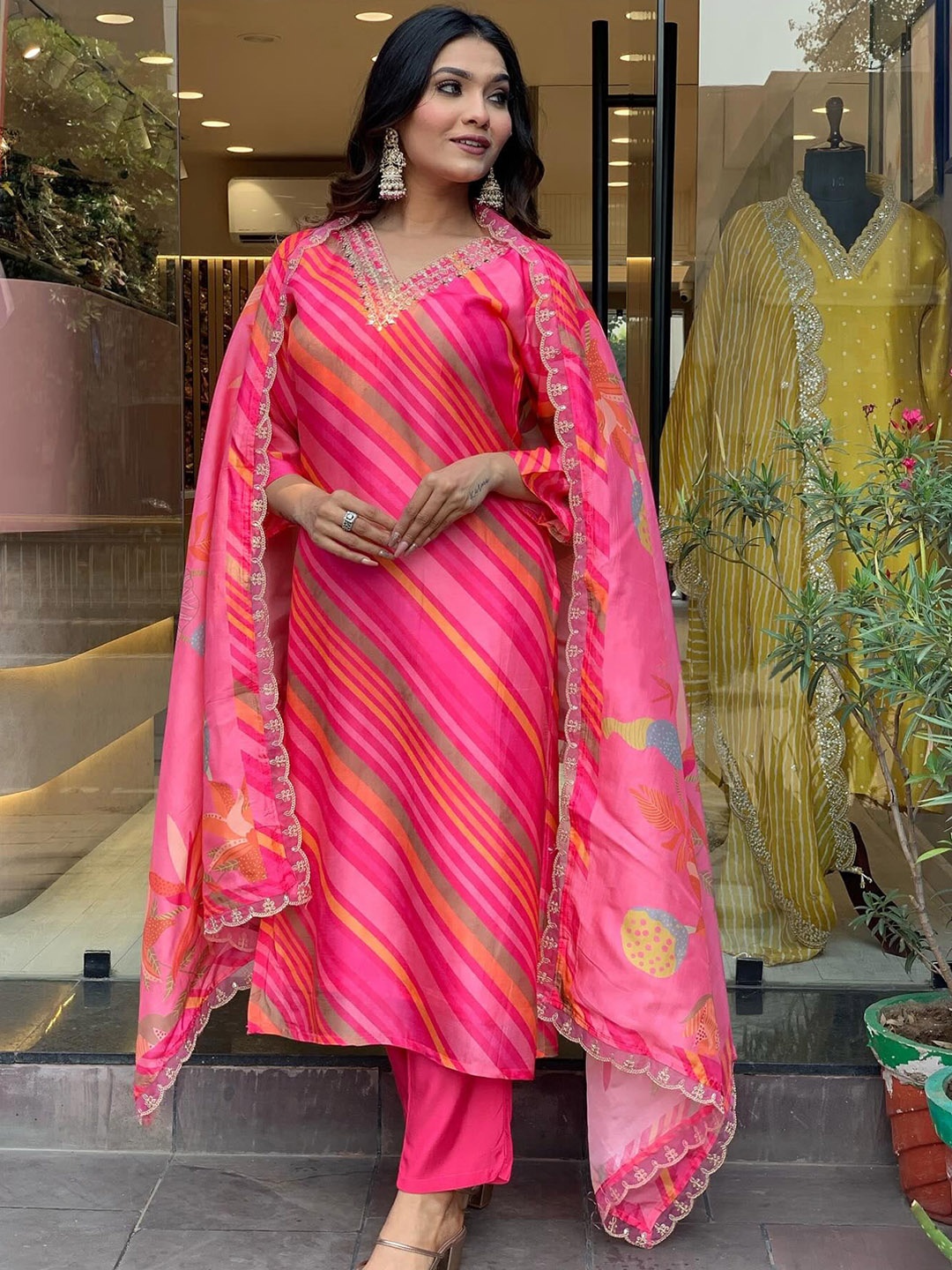 

NIZA FASHION Leheriya Printed Thread Work Kurta With Trouser & Dupatta, Pink